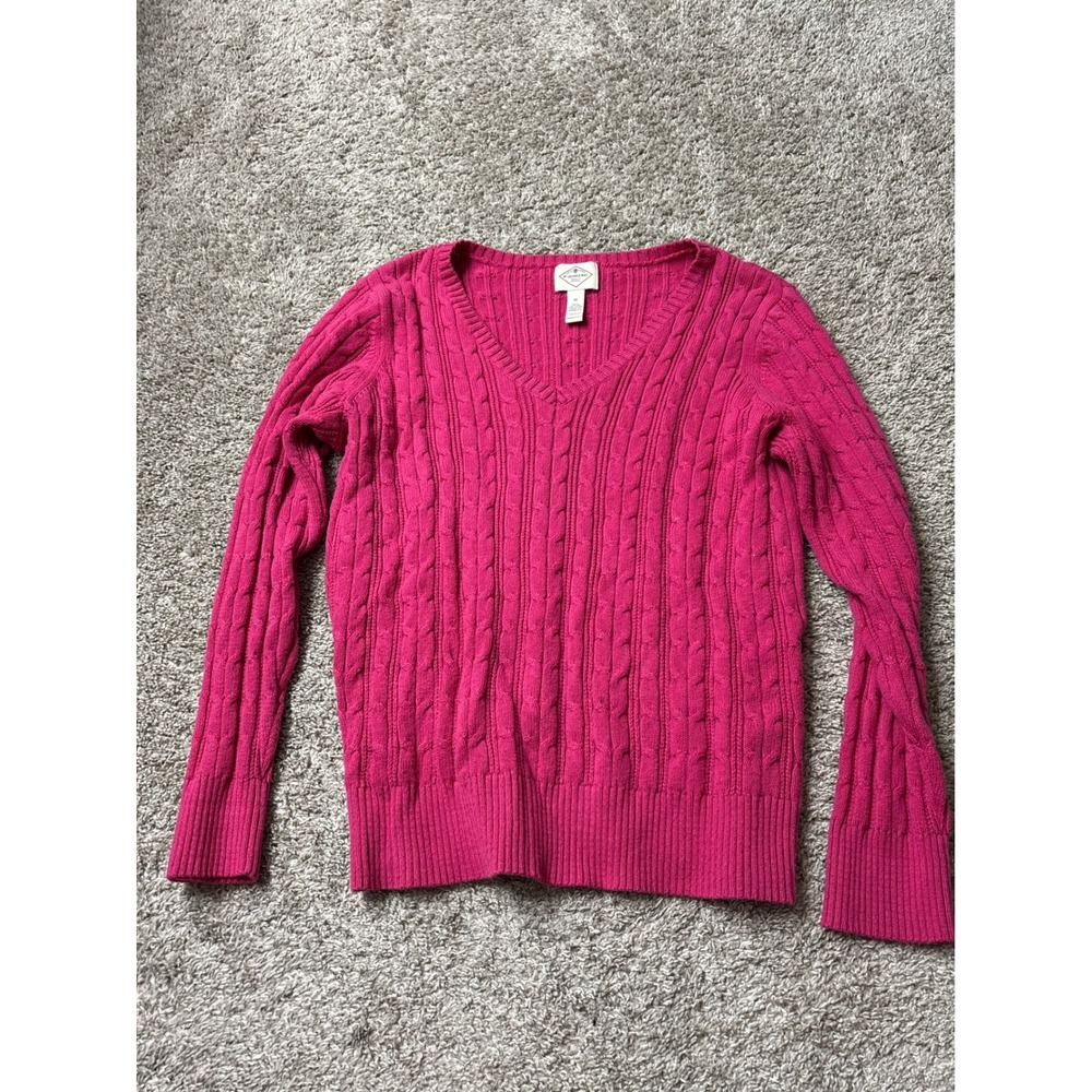 St Johns Bay Magenta Pink Cable Knit V-Neck Sweater Womens XL Cotton Blend